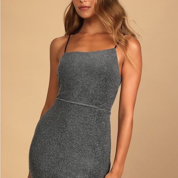 Silver Sparkly Asymmetrical Bodycon Mini Dress - Picture 2 of 3